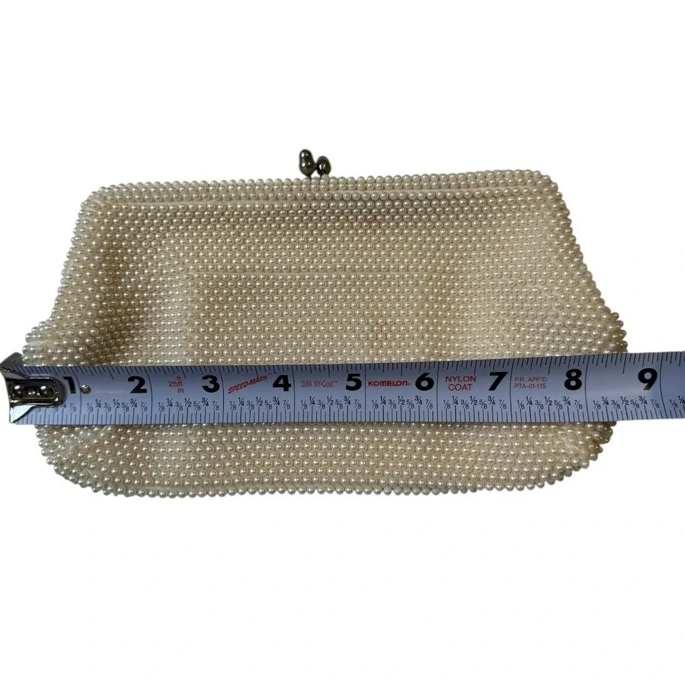 Vintage 1960 Bon Soir‎ Italian Pearl Cream Clutch Purse Beads Silk Wedding B72Q